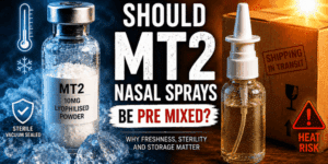 Comparison between freeze dried MT2 powder and pre mixed MT2 nasal spray exposed to heat during shipping