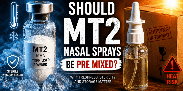 Comparison between freeze dried MT2 powder and pre mixed MT2 nasal spray exposed to heat during shipping